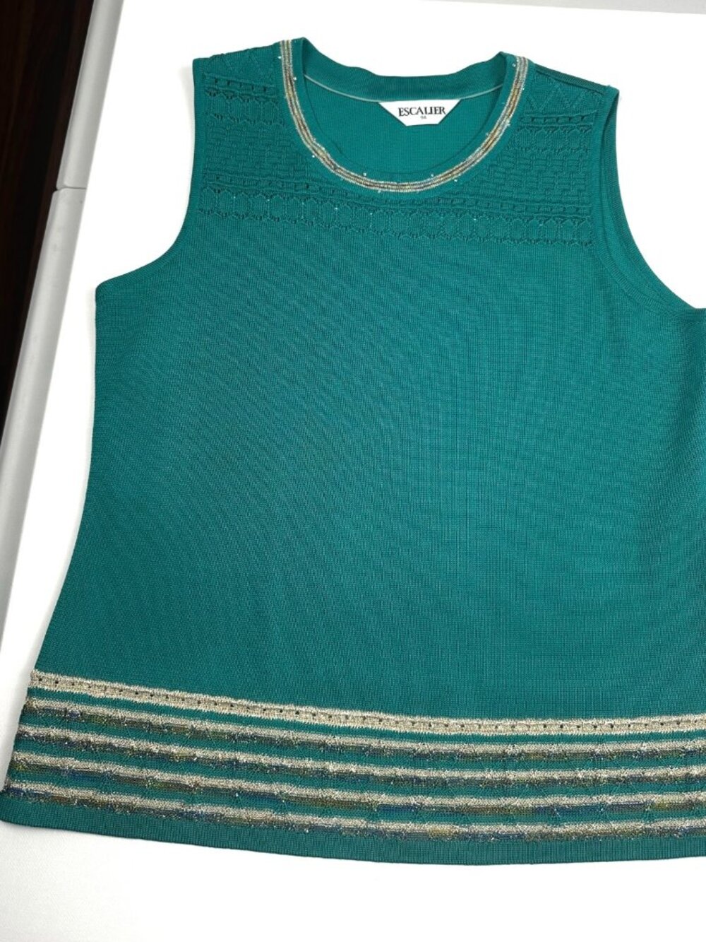Escalier Women’s Green Knit Sleeveless Top Gold Metallic Rhinestone Size 94